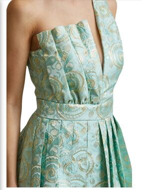 Satin Jacquard One-Shoulder Fit & Flare Dress in Mint with Gold Accents